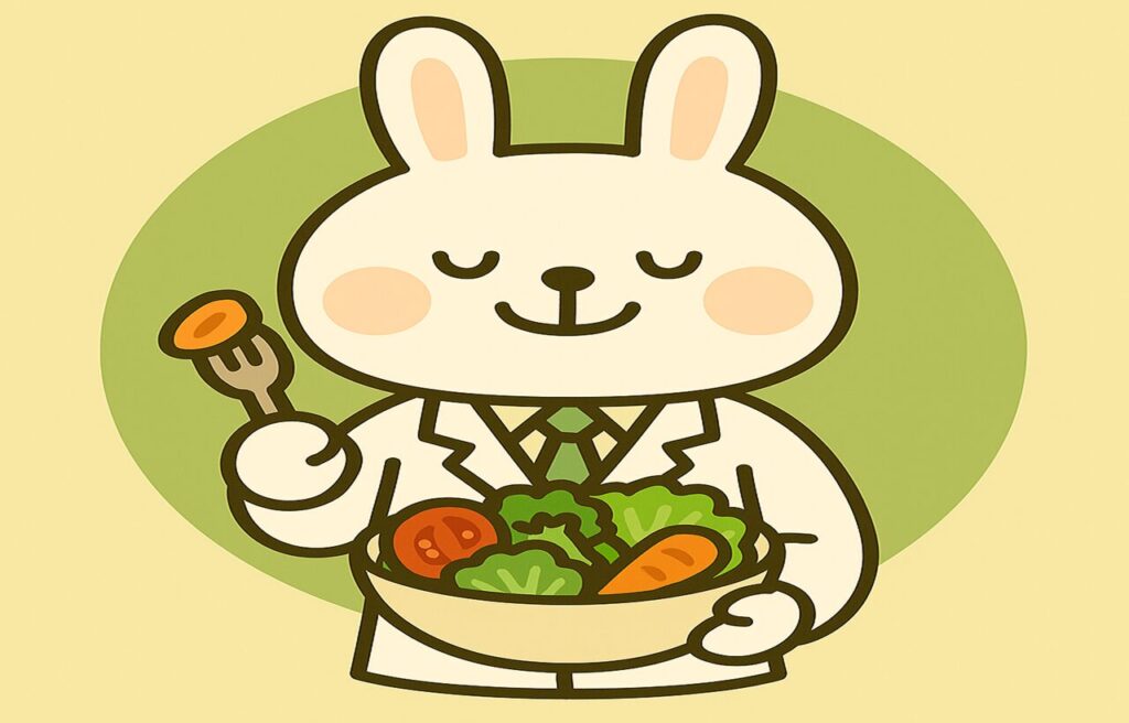 白衣を着たうさぎの薬剤師みどりんが、色とりどりの野菜（トマト・にんじん・ブロッコリーなど）を笑顔で食べている様子。背景はやさしい緑色で、健康的な食事のイメージを表現。
